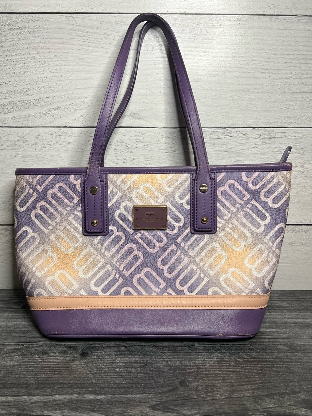 Balenciaga Purple & Yellow Monogram Coated Canvas Tote